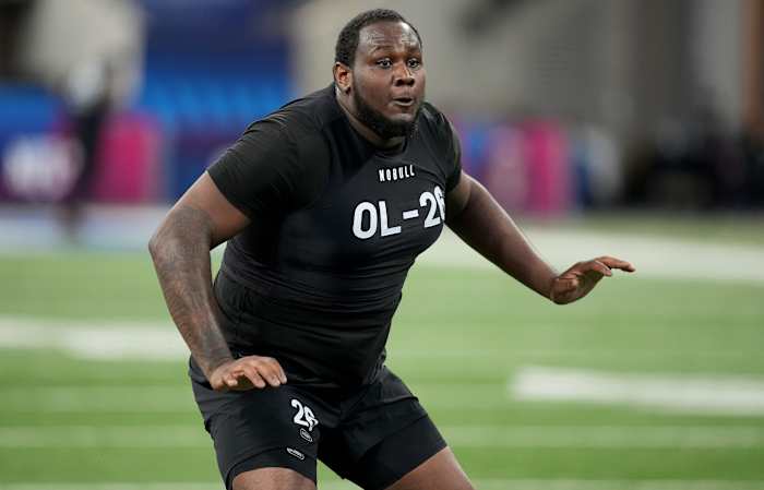 Ohio State tackle Dawand Jones works out at the 2023 NFL Combine